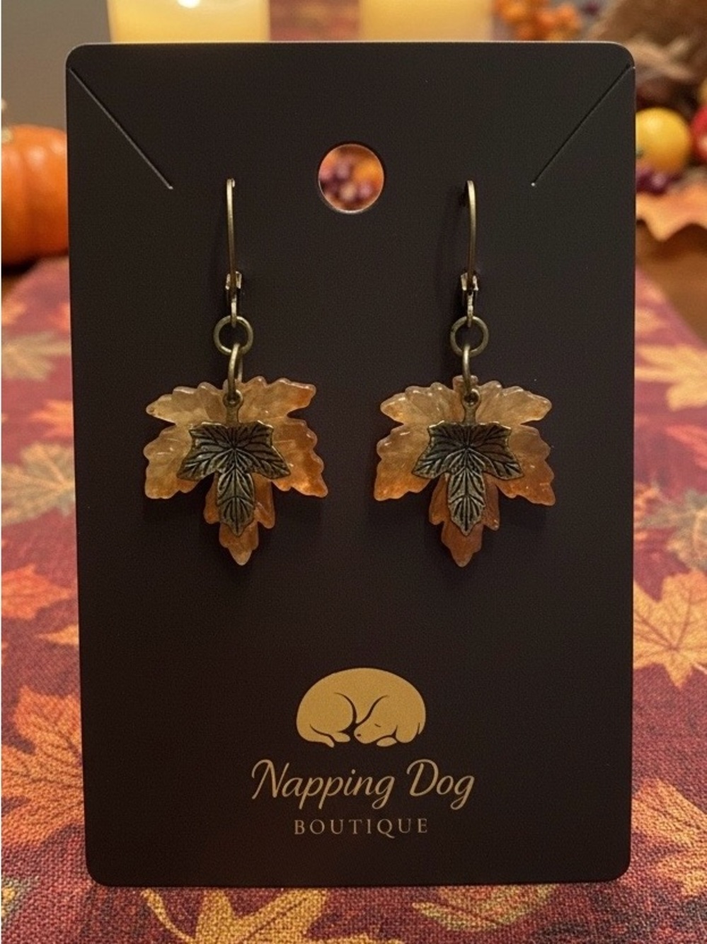 Glass Maple Leaf & Bronze Leaf Dangle Earrings – Fall Jewelry